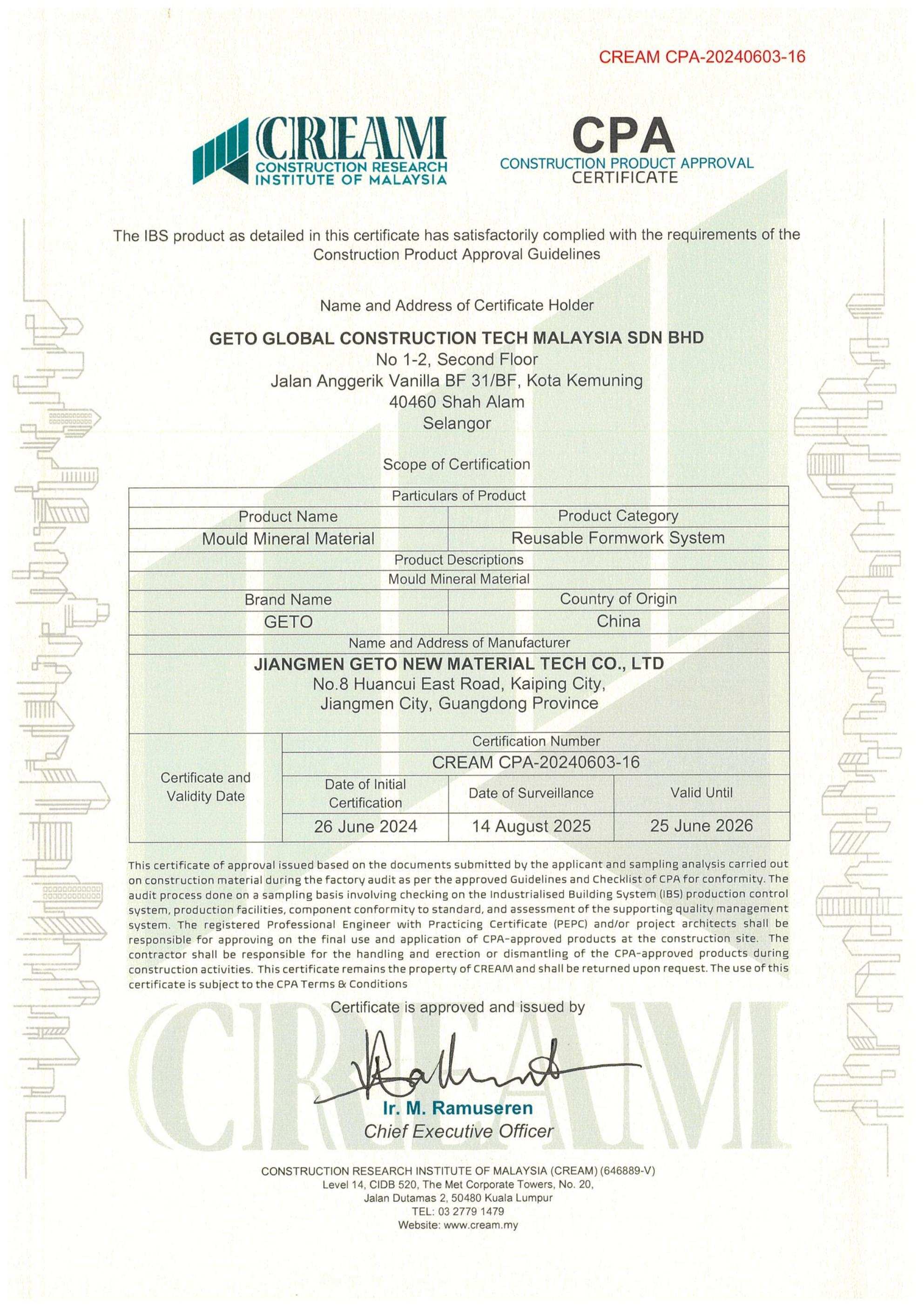 CIDB Reusable Formwork System CPA